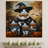 Shadowed Enchantment: Tuxedo Witch Mom and Three Kittens in a Haunted Forest on Ready to Hang 1.5" Thick Canvas Wrap, Floating Framed Canvas, Flat Rolled Canvas